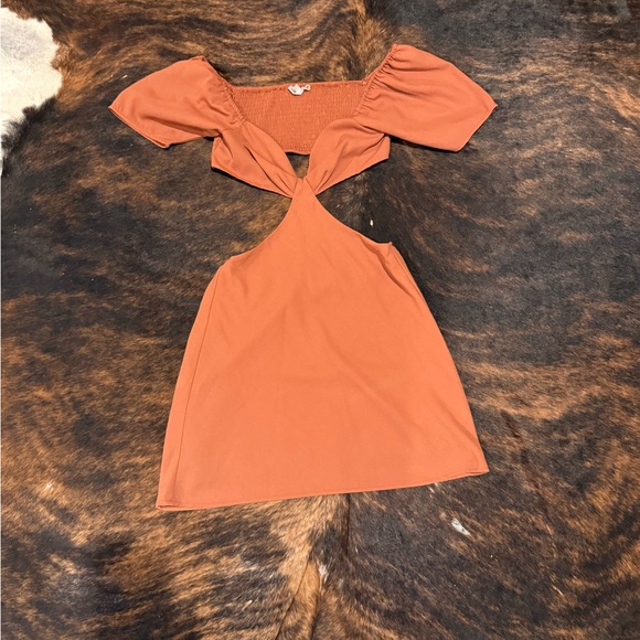 Rust Puff Sleeve Cutout Dress - Rust colored-see next pic - Picture 2 of 2